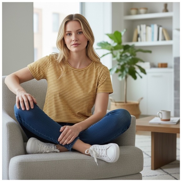 American Eagle Striped Crewneck T-Shirt. Dark Yellow/Gold, White. Size XS​​​ - Picture 6 of 7
